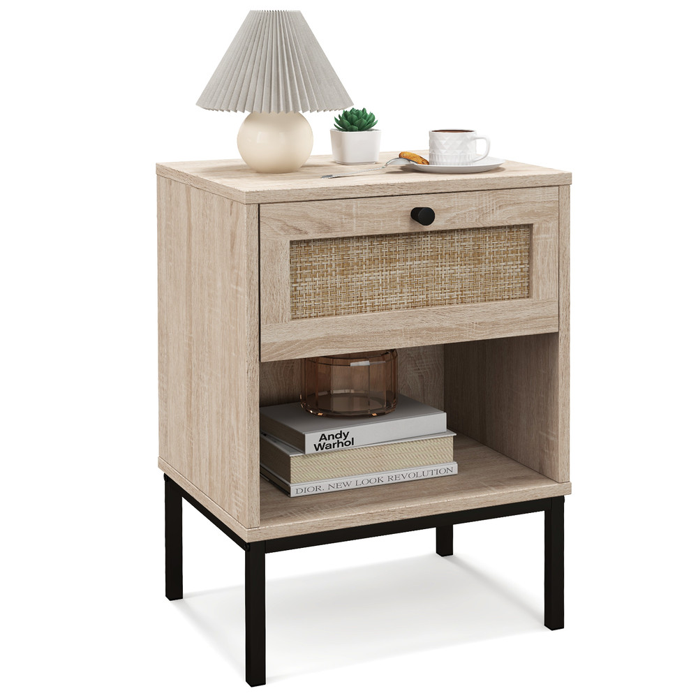 Rattan Nightstand Boho End Table With Drawer And Shelf Small Bedside Table With Open Storage For Mo 0