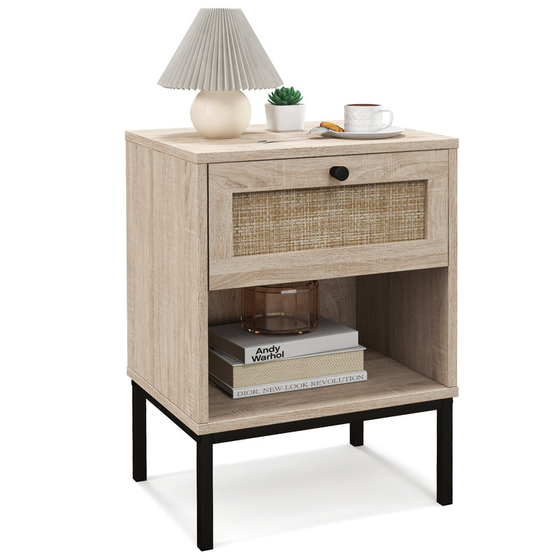 Rattan Nightstand Boho End Table With Drawer And Shelf Small Bedside Table With Open Storage For Mo 0