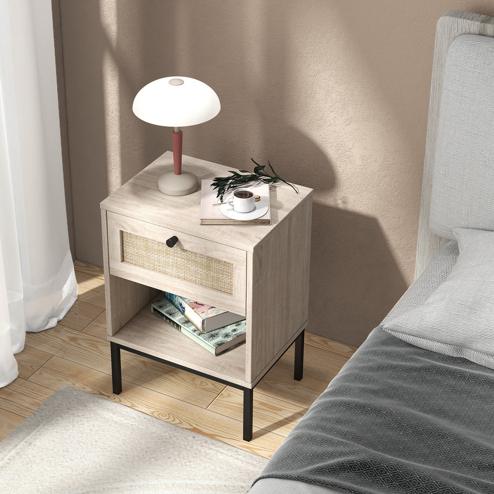 Rattan Nightstand Boho End Table With Drawer And Shelf Small Bedside Table With Open Storage For Mo 3