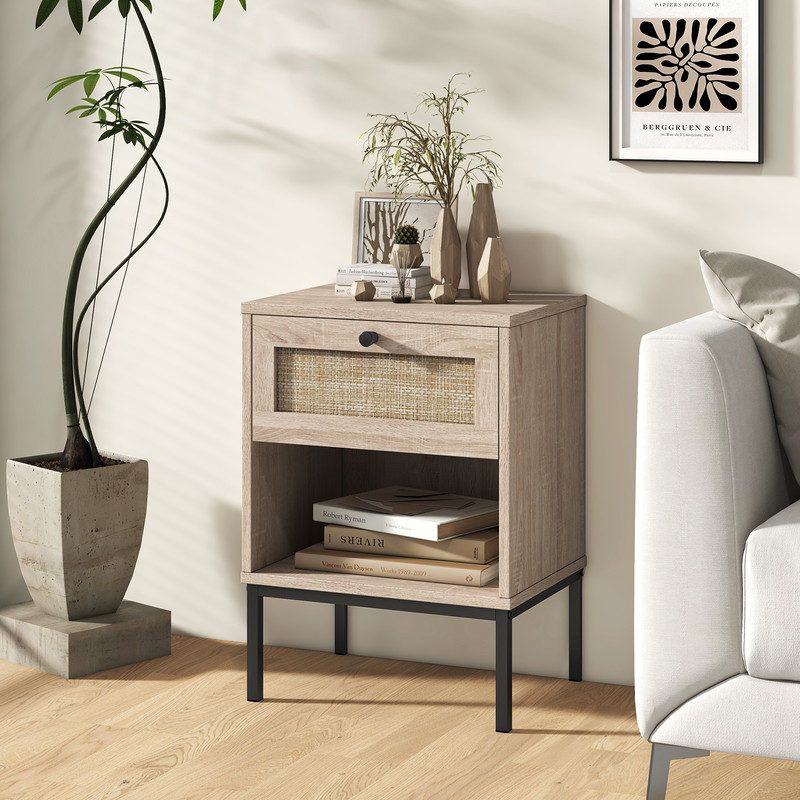 Rattan Nightstand Boho End Table With Drawer And Open Shelf Oak Wood Grain Accent Table For Small S 1