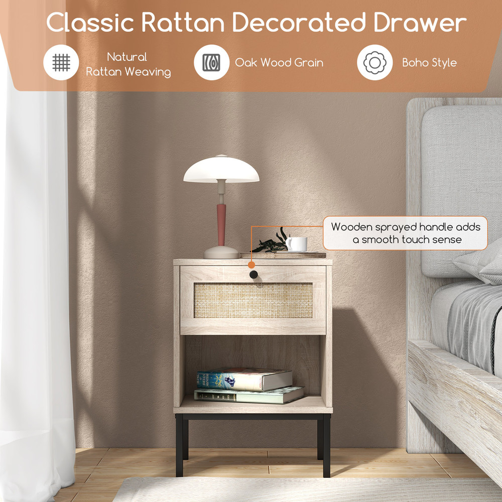 Rattan Nightstand Boho End Table With Drawer And Shelf Small Bedside Table With Open Storage For Mo 4