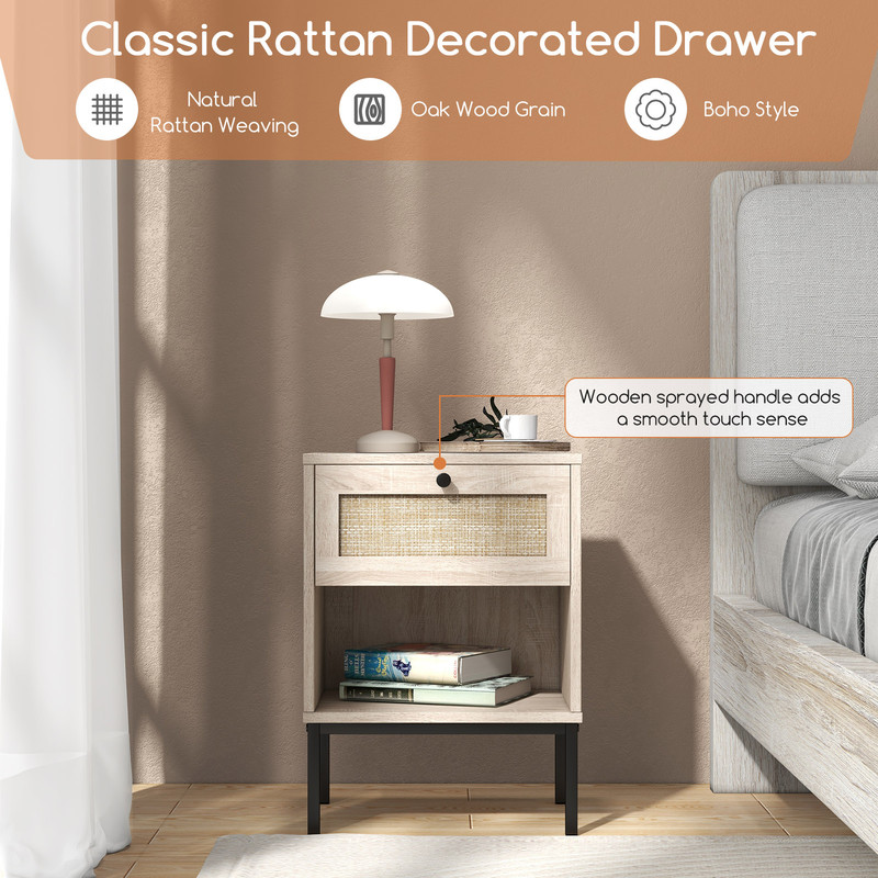 Rattan Nightstand Boho End Table With Drawer And Shelf Small Bedside Table With Open Storage For Mo 4