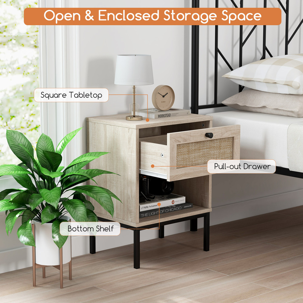 Rattan Nightstand Boho End Table With Drawer And Shelf Small Bedside Table With Open Storage For Mo 5