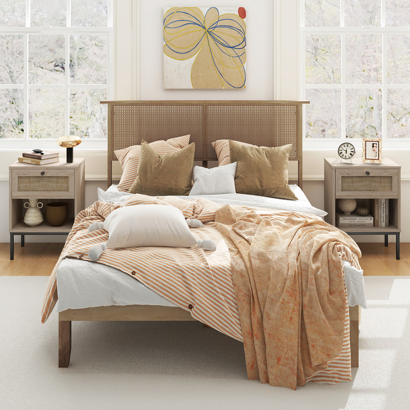 Rattan Nightstand Boho End Table With Drawer And Open Shelf Oak Wood Grain Accent Table For Small S 2