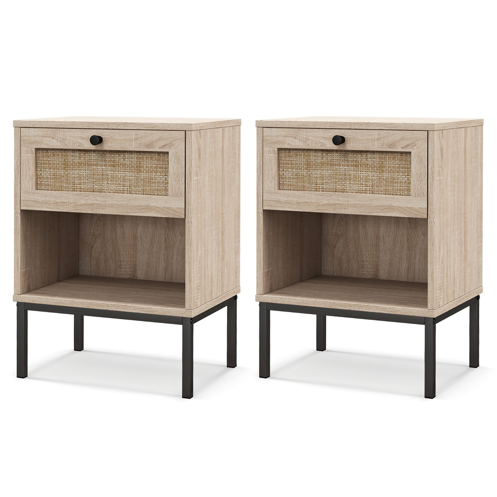 Rattan Nightstand Boho End Table With Drawer And Open Shelf Oak Wood Grain Accent Table For Small S 0