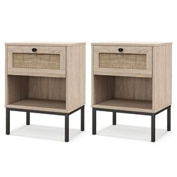rattan nightstand boho end table with drawer and open shelf, oak wood grain accent table for small spaces, bedroom