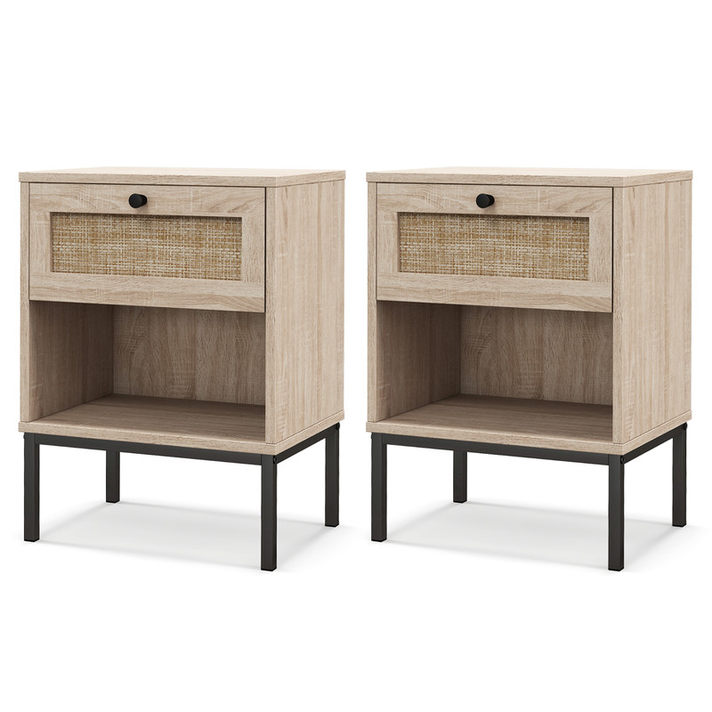 Rattan Nightstand Boho End Table With Drawer And Open Shelf Oak Wood Grain Accent Table For Small S 0