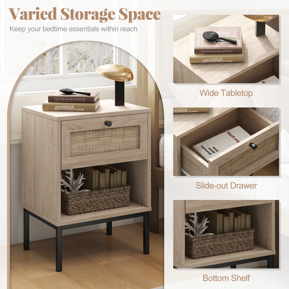 Rattan Nightstand Boho End Table With Drawer And Open Shelf Oak Wood Grain Accent Table For Small S 4