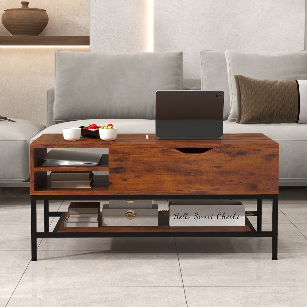 Modern Lift Top Coffee Table With Hidden Compartment And Removable Storage Shelf Adjustable Center 1