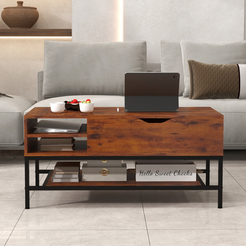 Modern Lift Top Coffee Table With Hidden Compartment And Removable Storage Shelf Adjustable Center 1