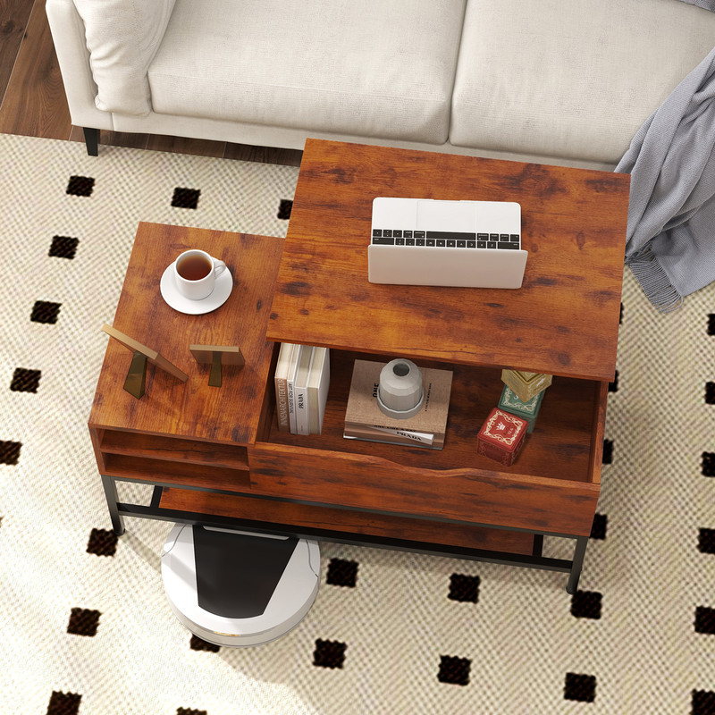Modern Lift Top Coffee Table With Hidden Compartment And Removable Storage Shelf Adjustable Center 2