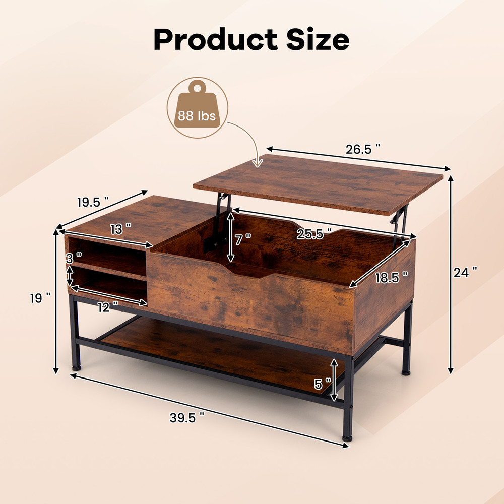 Modern Lift Top Coffee Table With Hidden Compartment And Removable Storage Shelf Adjustable Center 6