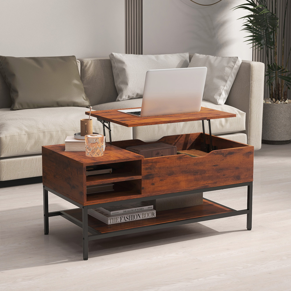 Modern Lift Top Coffee Table With Hidden Compartment And Removable Storage Shelf Adjustable Center 3
