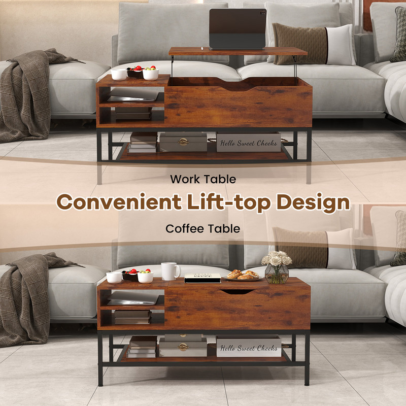 Modern Lift Top Coffee Table With Hidden Compartment And Removable Storage Shelf Adjustable Center 5