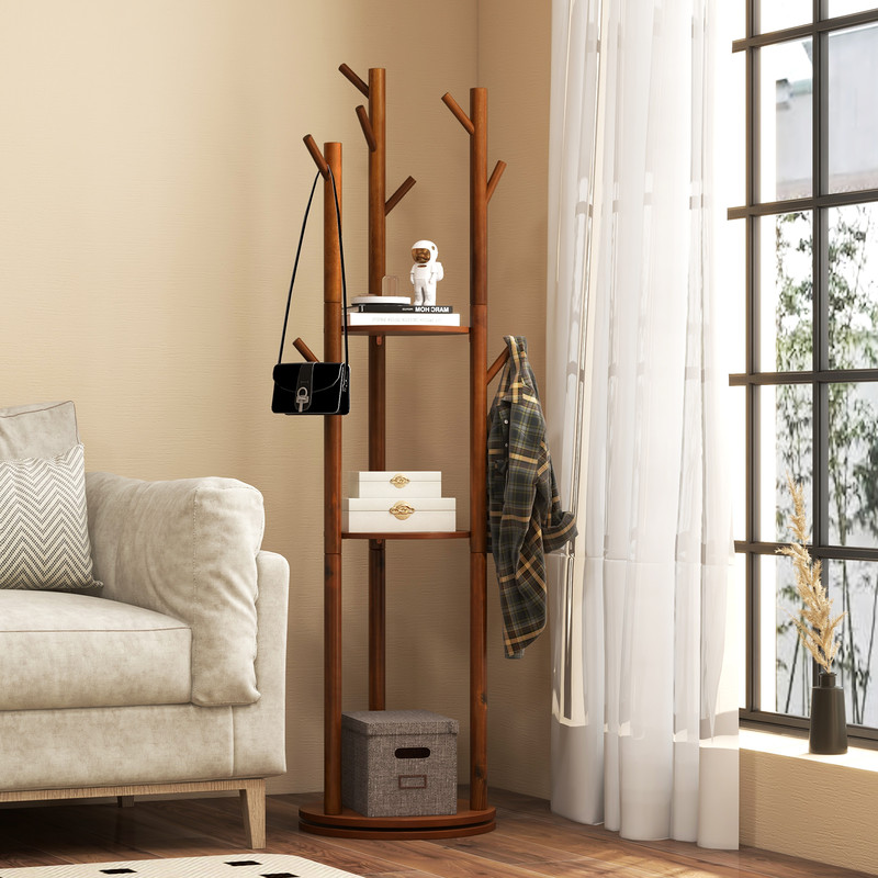 Freestanding Wooden Coat Tree with 3 Display Storage Shelves & 9 Hooks, Durable Rubberwood Entryway Organizer