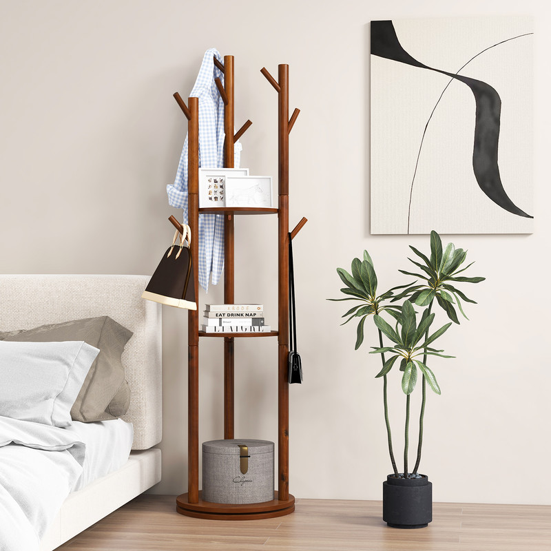 Freestanding Wooden Coat Tree with 3 Display Storage Shelves & 9 Hooks, Durable Rubberwood Entryway Organizer