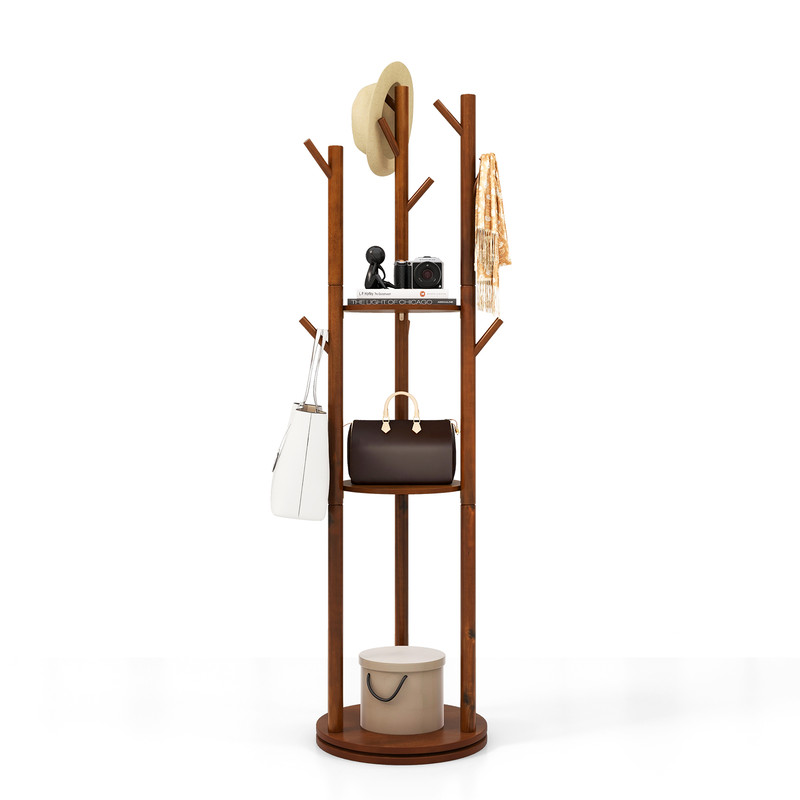 Freestanding Wooden Coat Tree with 3 Display Storage Shelves & 9 Hooks, Durable Rubberwood Entryway Organizer