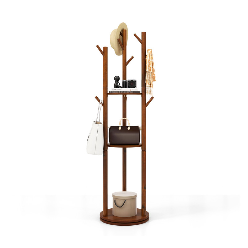 Freestanding Wooden Coat Tree with 3 Display Storage Shelves & 9 Hooks, Durable Rubberwood Entryway Organizer