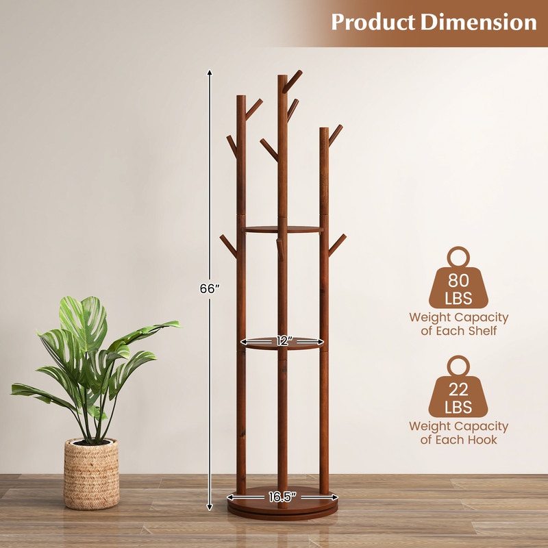 Freestanding Wooden Coat Tree with 3 Display Storage Shelves & 9 Hooks, Durable Rubberwood Entryway Organizer