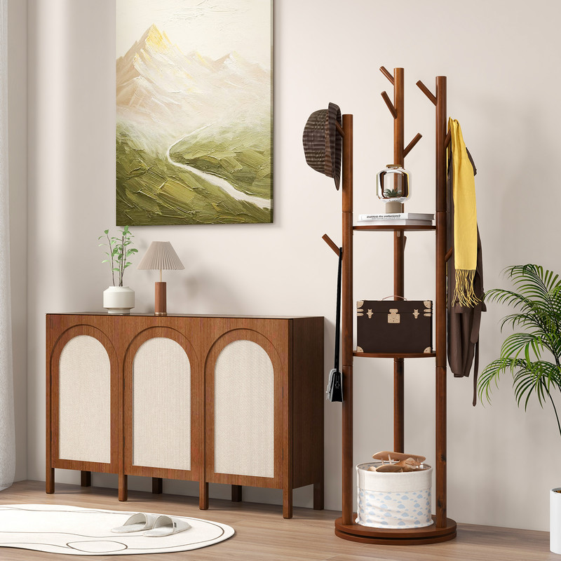 Freestanding Wooden Coat Tree with 3 Display Storage Shelves & 9 Hooks, Durable Rubberwood Entryway Organizer