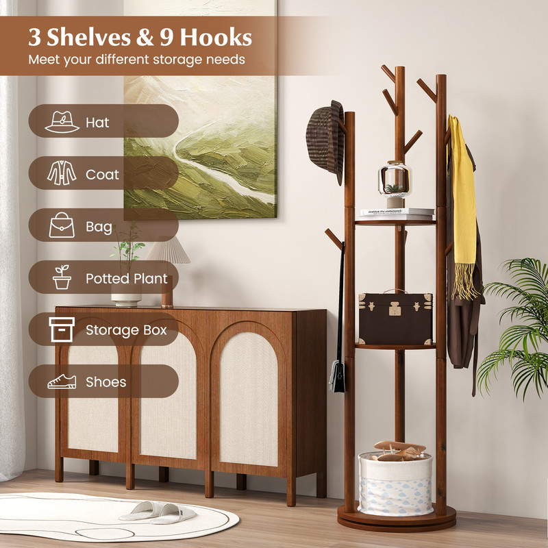 Freestanding Wooden Coat Tree with 3 Display Storage Shelves & 9 Hooks, Durable Rubberwood Entryway Organizer