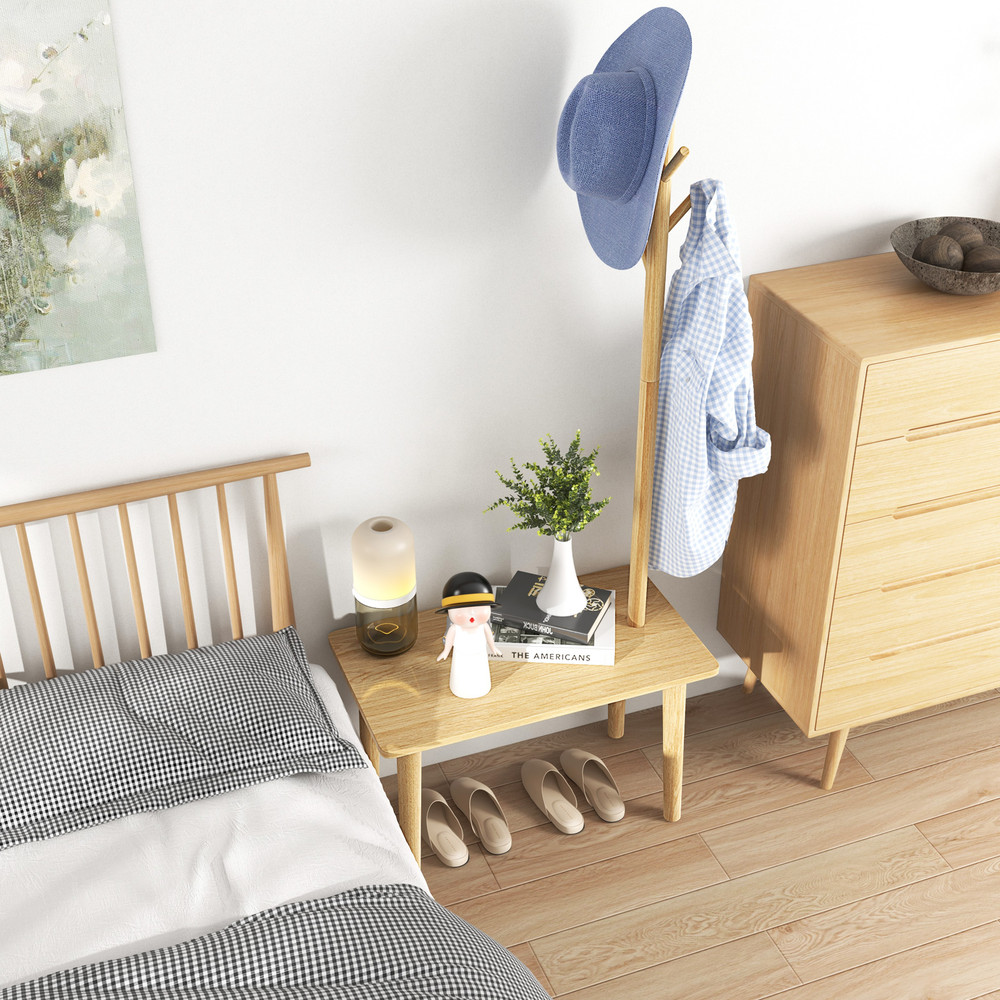 Solid Wood Coat Tree with 2-in-1 Side Table – Multi-Functional End Table with Coat Rack for Entryway & Living Room