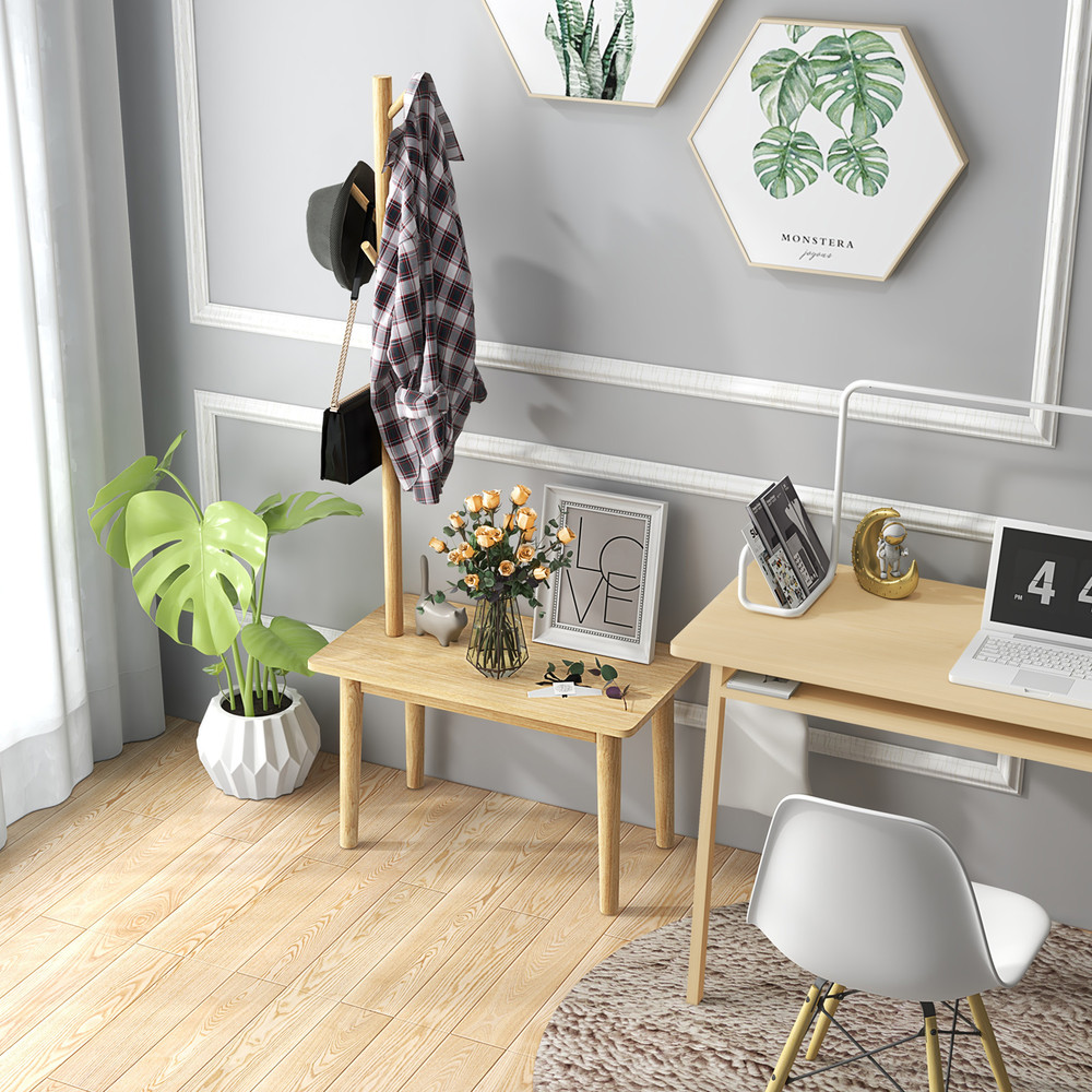 Solid Wood Coat Tree with 2-in-1 Side Table – Multi-Functional End Table with Coat Rack for Entryway & Living Room