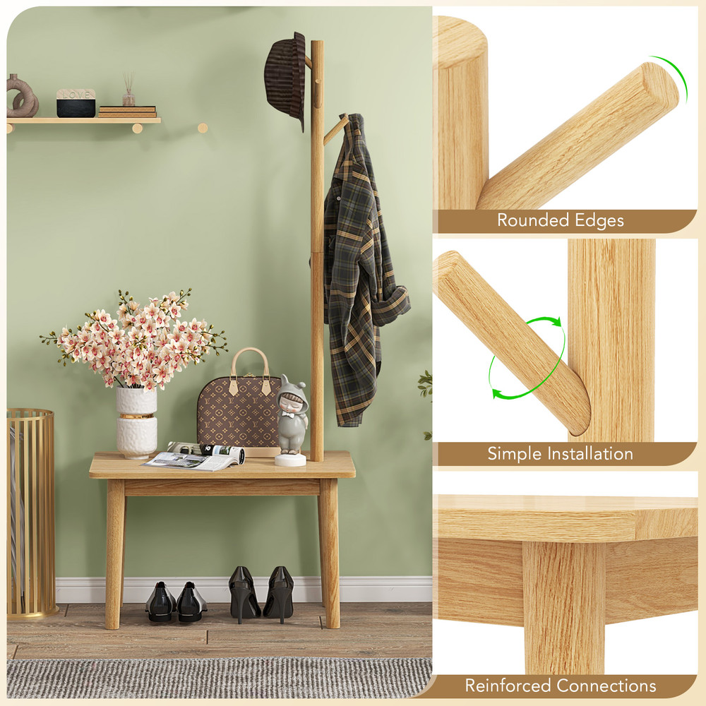 Solid Wood Coat Tree with 2-in-1 Side Table – Multi-Functional End Table with Coat Rack for Entryway & Living Room