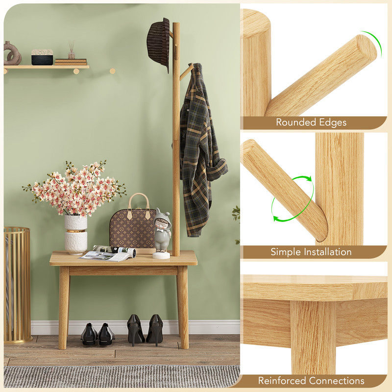 Solid Wood Coat Tree with 2-in-1 Side Table – Multi-Functional End Table with Coat Rack for Entryway & Living Room