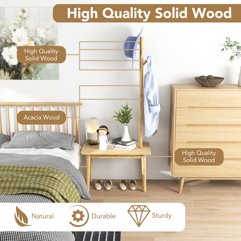 Solid Wood Coat Tree with 2-in-1 Side Table – Multi-Functional End Table with Coat Rack for Entryway & Living Room