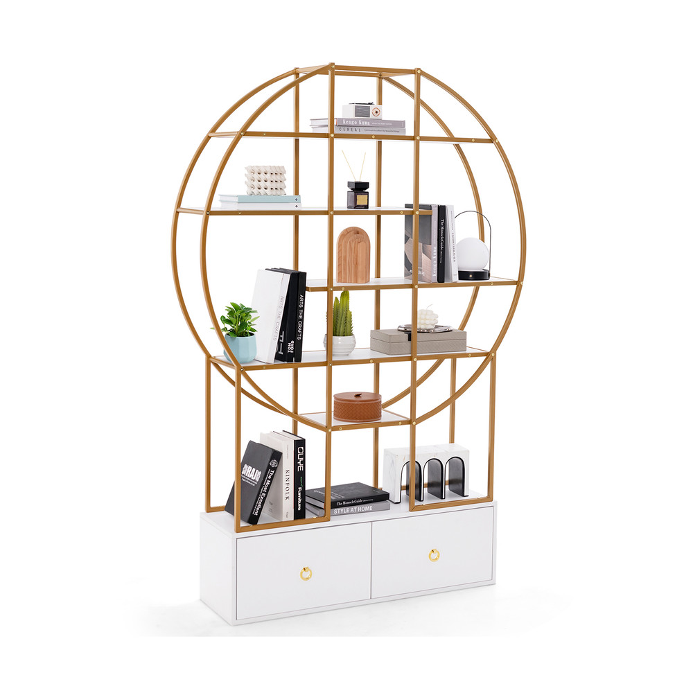71 Inches 6-Tier Gold Bookshelf with 2 Storage Drawers – Modern Luxury Geometric Shelf for Home & Office
