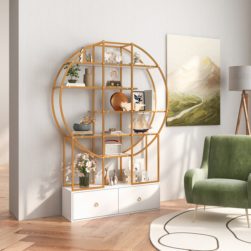 71 Inches 6-Tier Gold Bookshelf with 2 Storage Drawers – Modern Luxury Geometric Shelf for Home & Office