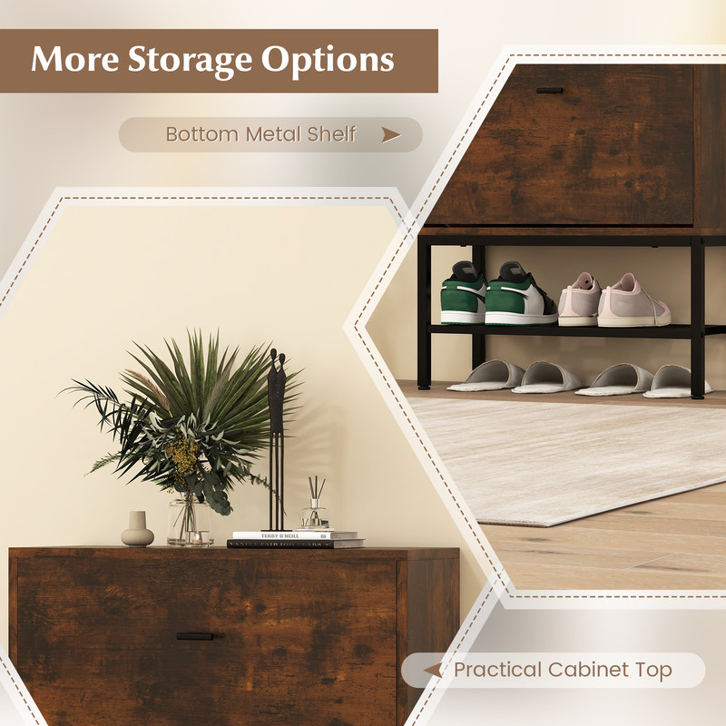 Industrial Shoe Storage Cabinet with 2 Flip Drawers & 1 Bottom Metal Shelf, Space-Saving Entryway Organizer