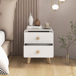 mid-century modern nightstand with 2 drawers & solid rubber wood legs, stylish bedside storage