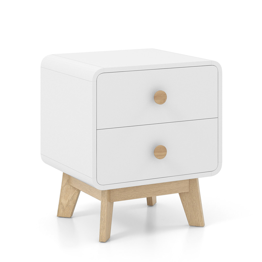 Mid-Century Modern Nightstand with 2 Drawers & Solid Rubber Wood Legs, Stylish Bedside Storage