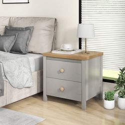 2-drawer nightstand with rubber wood legs – farmhouse bedside table for bedroom & living room
