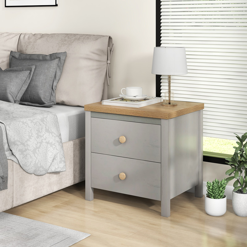 2-Drawer Nightstand with Rubber Wood Legs – Farmhouse Bedside Table for Bedroom & Living Room