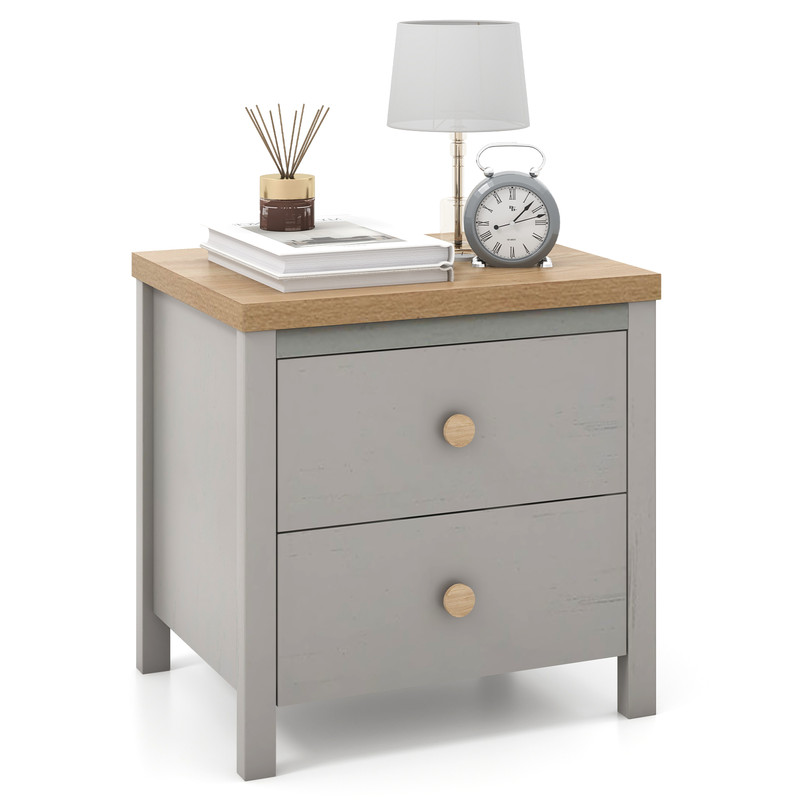 2-Drawer Nightstand with Rubber Wood Legs – Farmhouse Bedside Table for Bedroom & Living Room