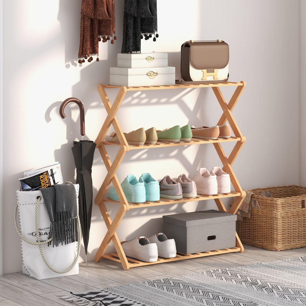 4-Tier Foldable Bamboo Shoe Rack with Slatted Shelves – Space-Saving Storage for Shoes & More