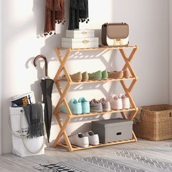 4-tier foldable bamboo shoe rack with slatted shelves – space-saving storage for shoes & more