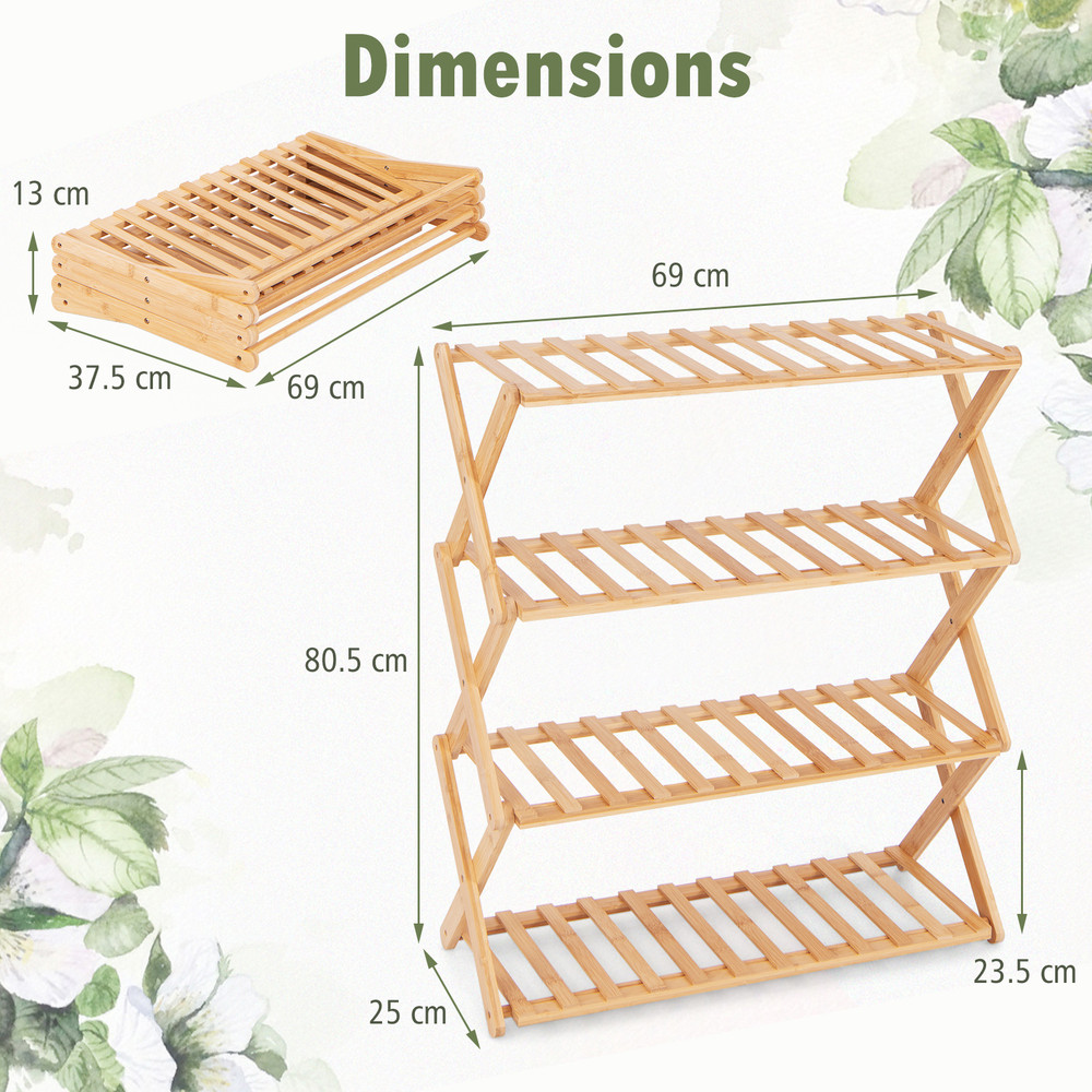 4-Tier Foldable Bamboo Shoe Rack with Slatted Shelves – Space-Saving Storage for Shoes & More