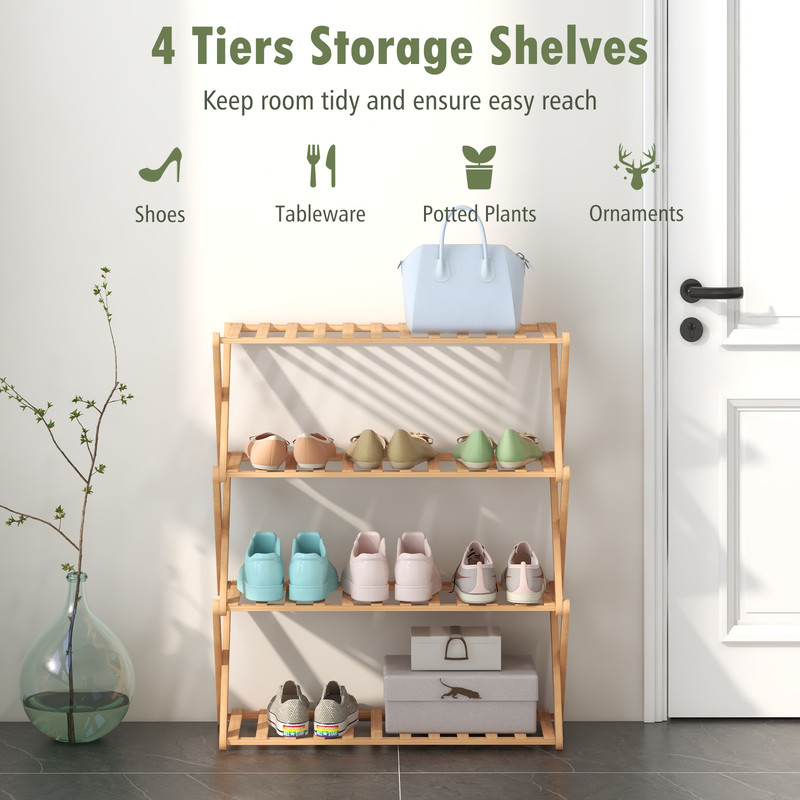 4-Tier Foldable Bamboo Shoe Rack with Slatted Shelves – Space-Saving Storage for Shoes & More