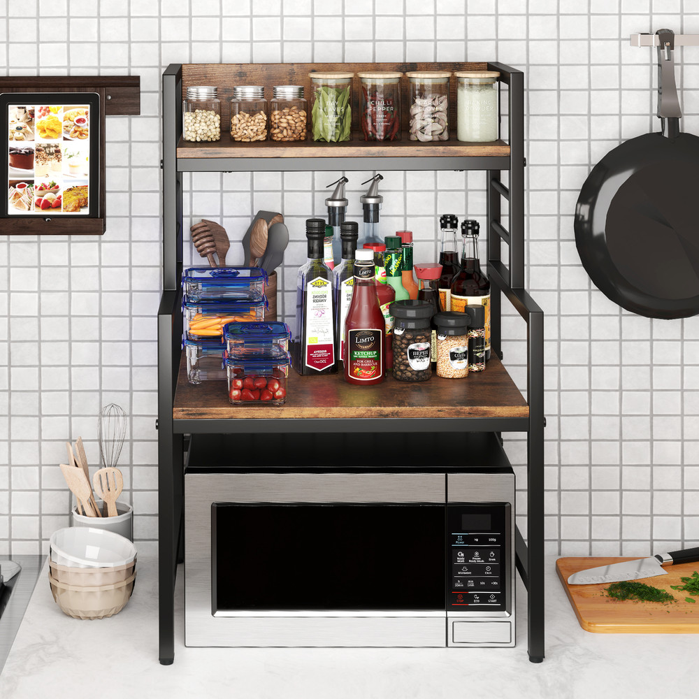 Rustic Microwave Stand With Open Shelves  HeavyDuty Frame SpaceSaving Kitchen Rack  Countertop Orga 2