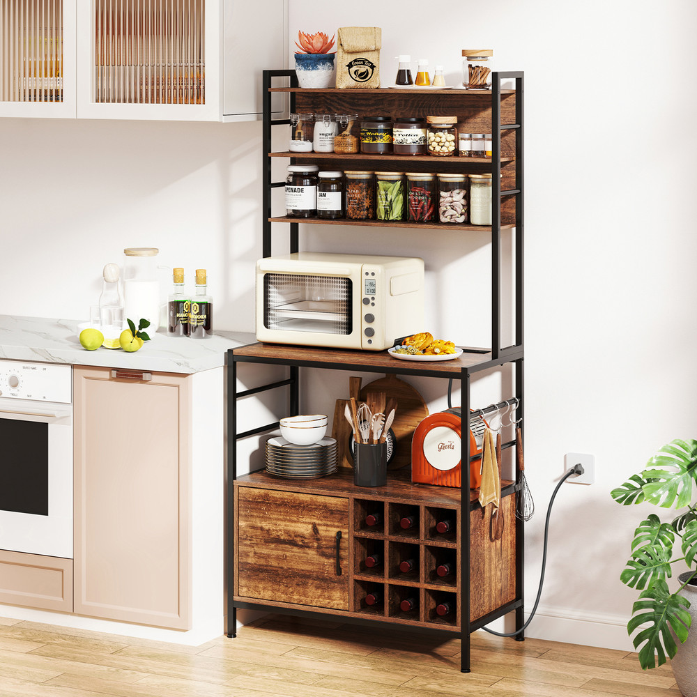 Modern Coffee Bar Cabinet with Wine Bottle Holders & S-Shaped Hooks, Microwave Stand with Power Outlet & Storage Cabinet
