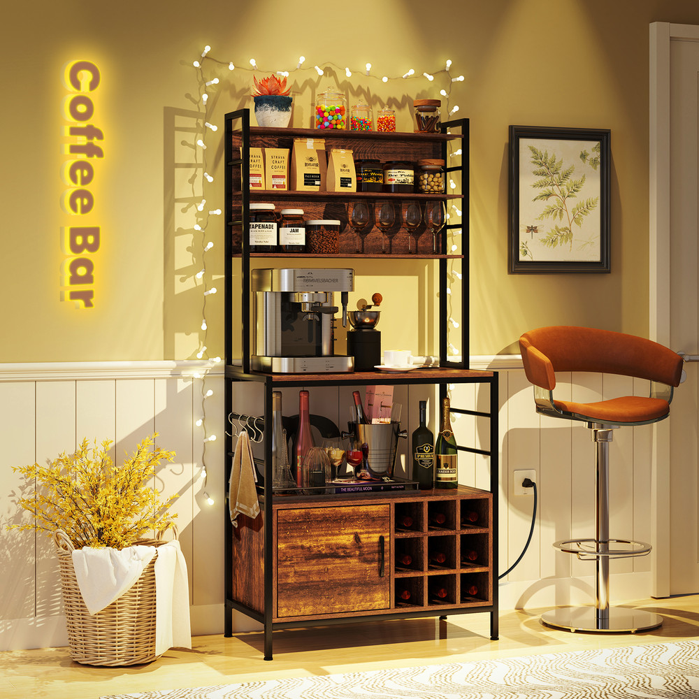 Modern Coffee Bar Cabinet with Wine Bottle Holders & S-Shaped Hooks, Microwave Stand with Power Outlet & Storage Cabinet