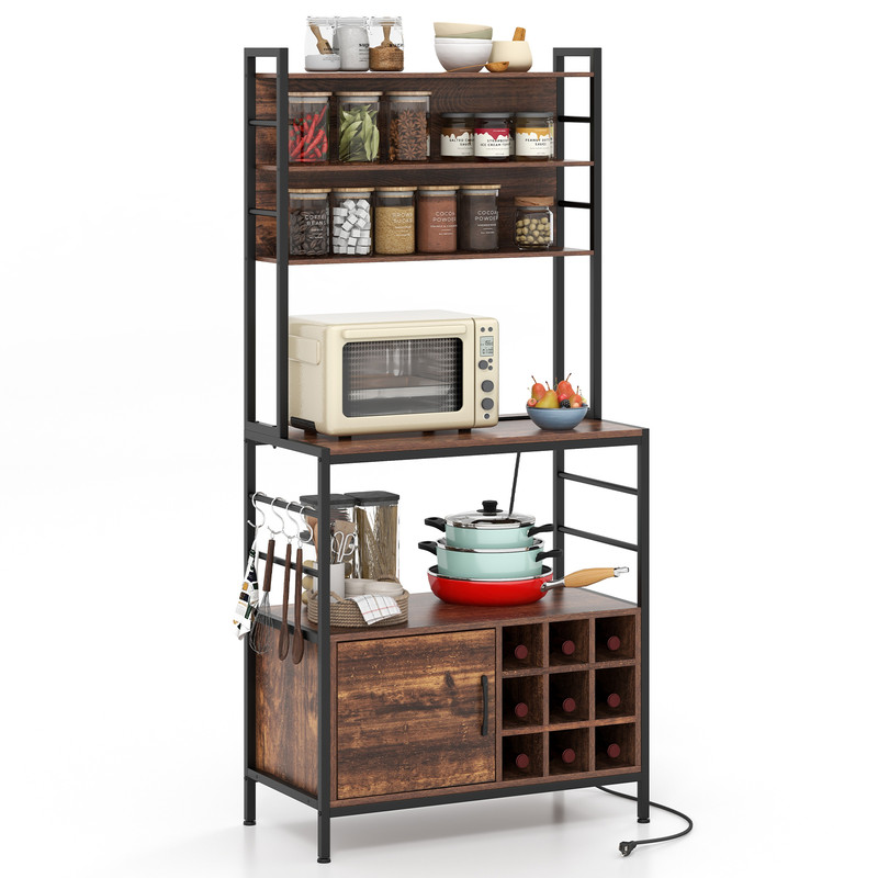 Modern Coffee Bar Cabinet with Wine Bottle Holders & S-Shaped Hooks, Microwave Stand with Power Outlet & Storage Cabinet