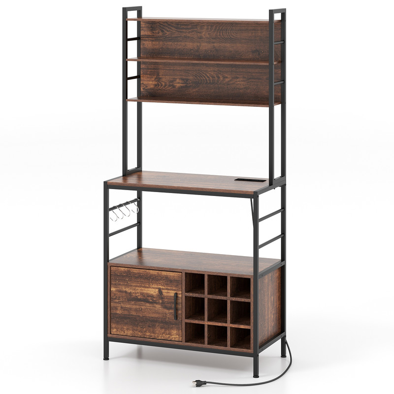Modern Coffee Bar Cabinet with Wine Bottle Holders & S-Shaped Hooks, Microwave Stand with Power Outlet & Storage Cabinet