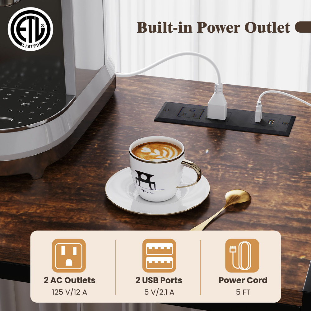 Modern Coffee Bar Cabinet with Wine Bottle Holders & S-Shaped Hooks, Microwave Stand with Power Outlet & Storage Cabinet