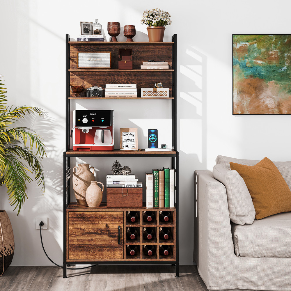 Modern Coffee Bar Cabinet with Wine Bottle Holders & S-Shaped Hooks, Microwave Stand with Power Outlet & Storage Cabinet