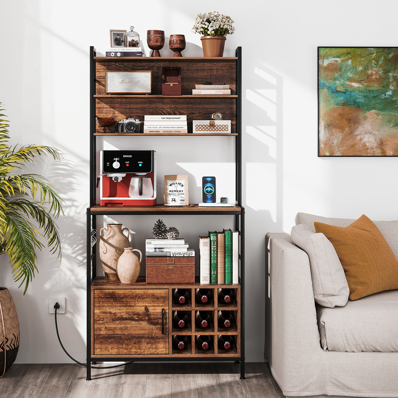 Modern Coffee Bar Cabinet with Wine Bottle Holders & S-Shaped Hooks, Microwave Stand with Power Outlet & Storage Cabinet